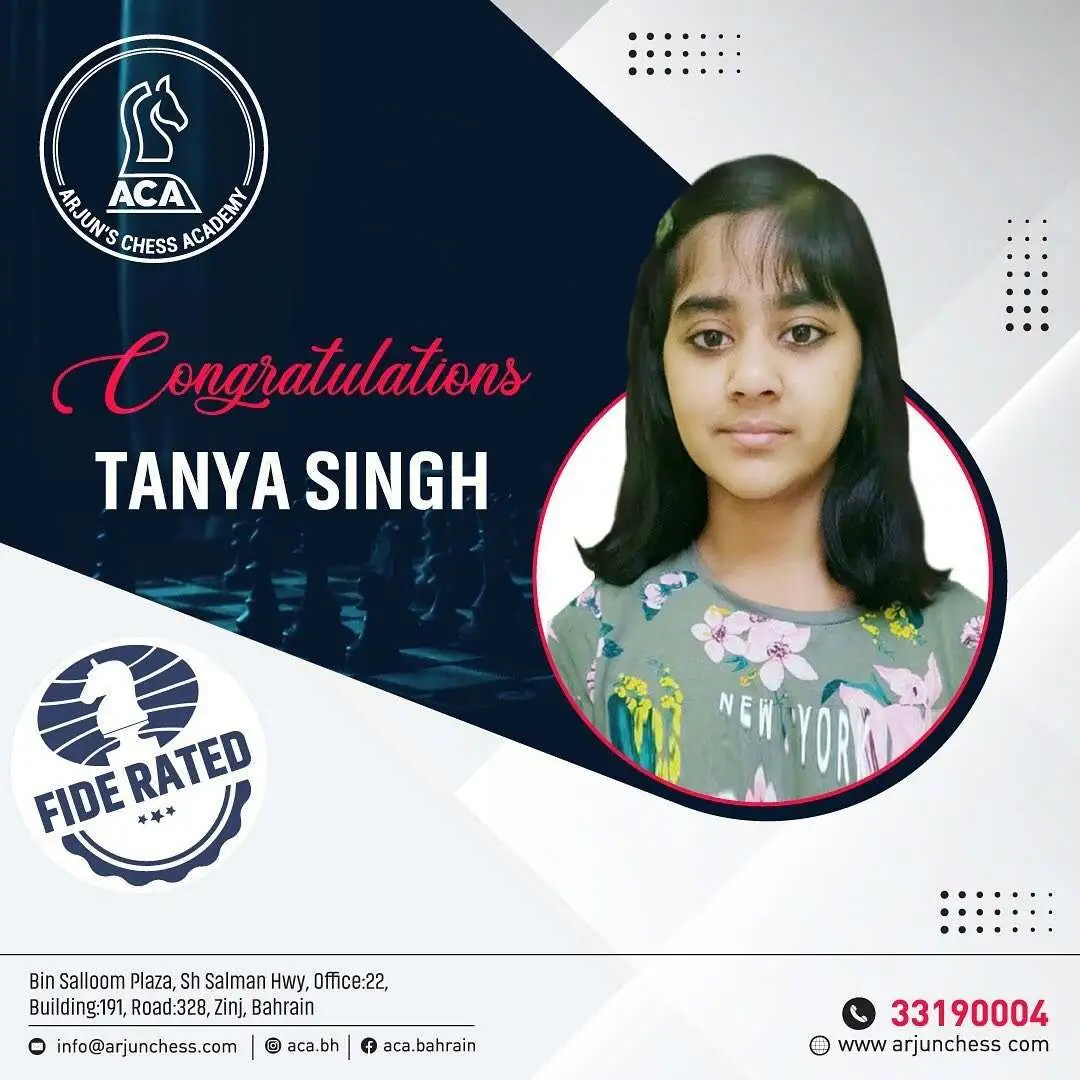 Students Achievements (Before May 2023) - A photo of Tanya Singh, a chess player, celebrates chess FADE rating success.
