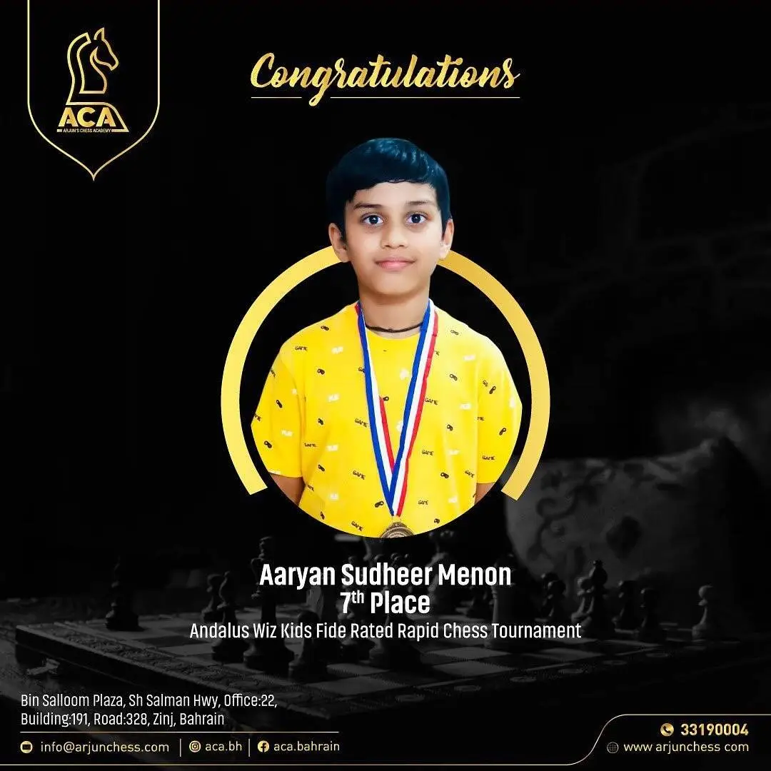 Students Achievements (Before May 2023) - Aaryan Sudheer Menon who bagged 7th position in Andalus Wiz Kids FIDE Rated Chess tournament (Under 11 Category)