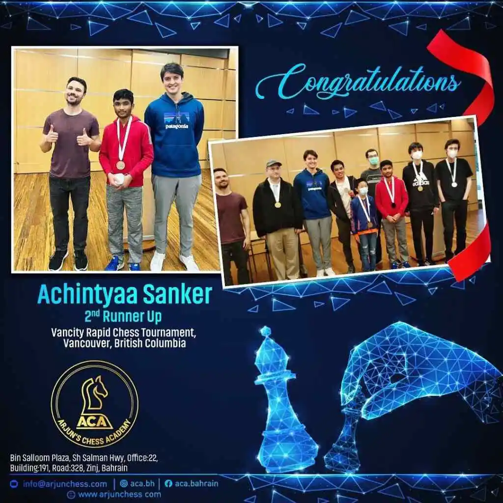 Students Achievements (Before May 2023) - Achintyaa Sanker obtained the 2nd Runner up position in the Vancity Rapid Chess Tournament