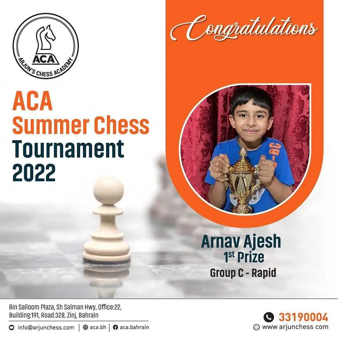Students Achievements (Before May 2023) - Arnav Ajesh 1st Prize Group C - Rapid in ACA Summer Chess Tournament 2022
