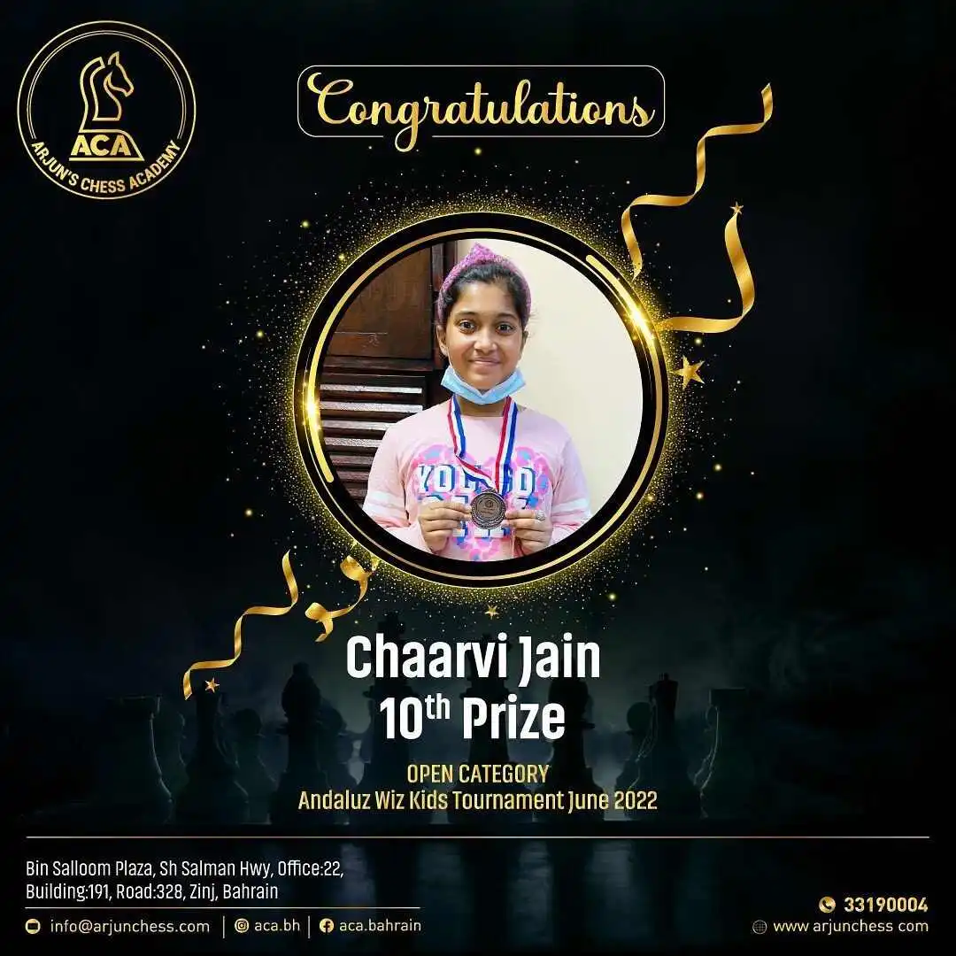 Students Achievements (Before May 2023) - Chaarvi Jain received 10th prize in Andaluz wiz kids tournament June 2022