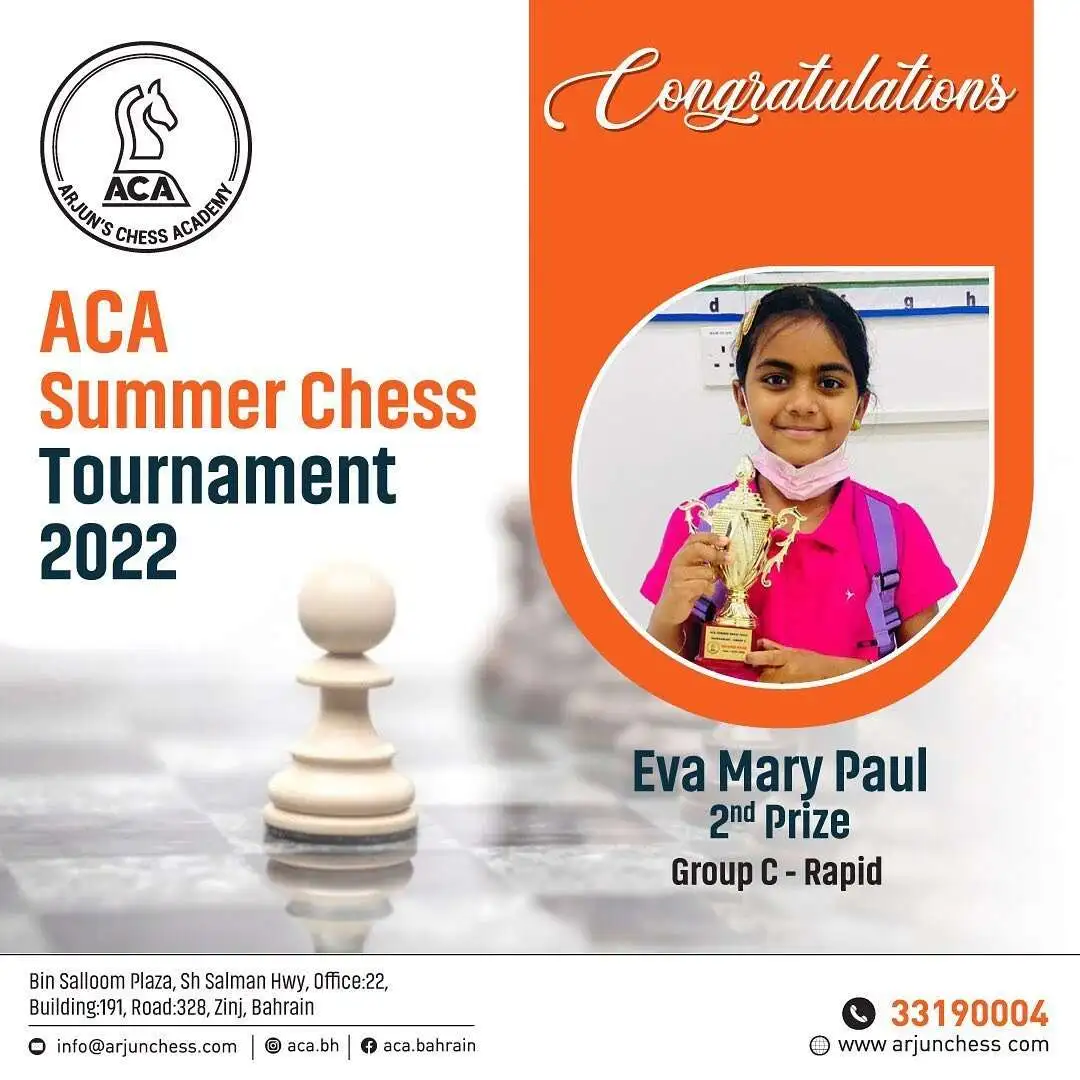 Students Achievements (Before May 2023) - Eva Mary Paul 2nd Prize Group C - Rapid in ACA Summer Chess Tournament 2022