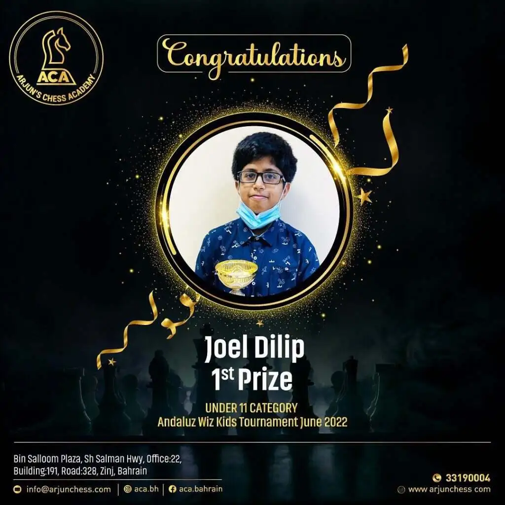 Students Achievements (Before May 2023) - Joel Dilip received 1st prize in Andaluz wiz kids tournament June 2022
