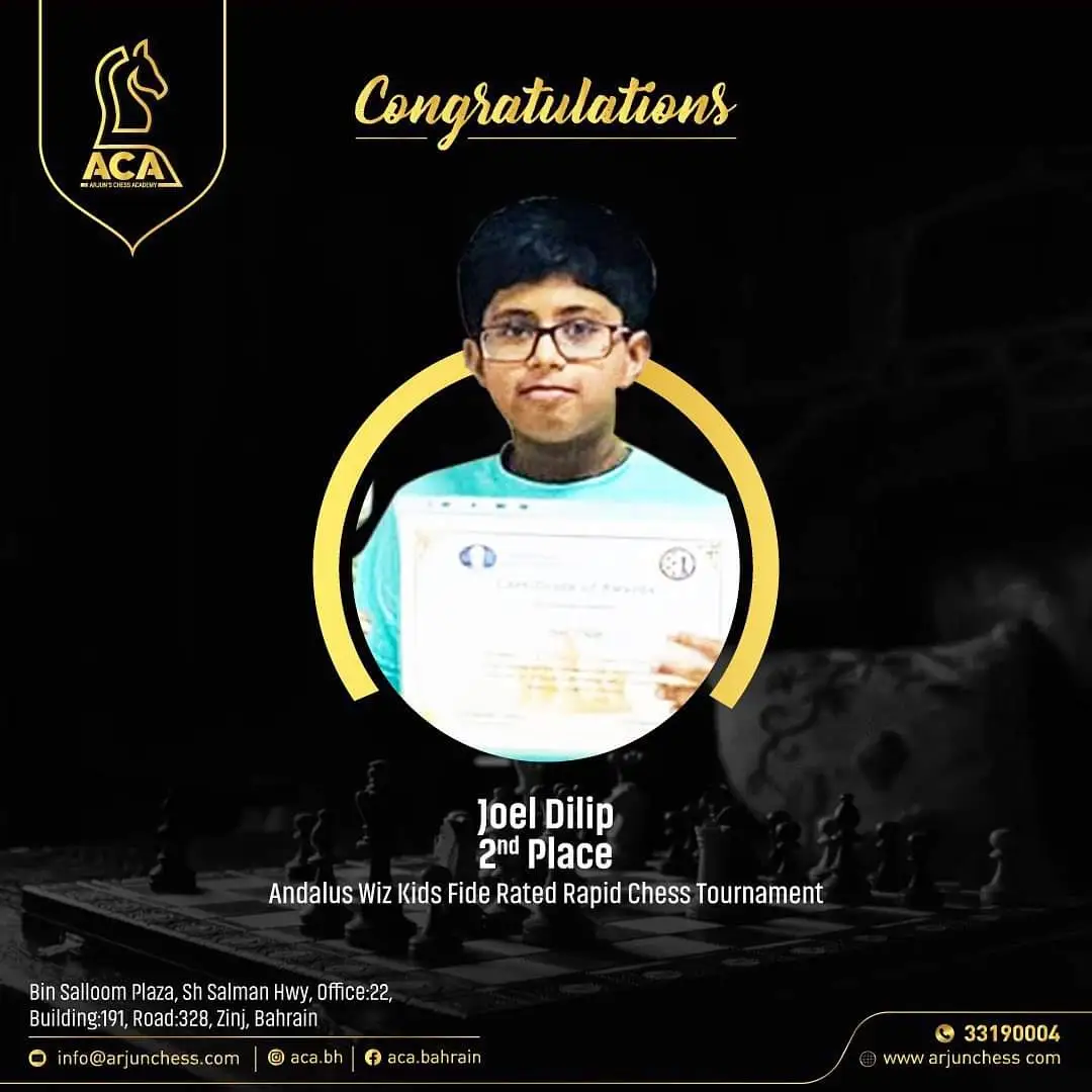 Students Achievements (Before May 2023) - Joel Dilip who bagged 2nd position in Andalus Wiz Kids FIDE Rated Chess tournament (Under 11 Category)