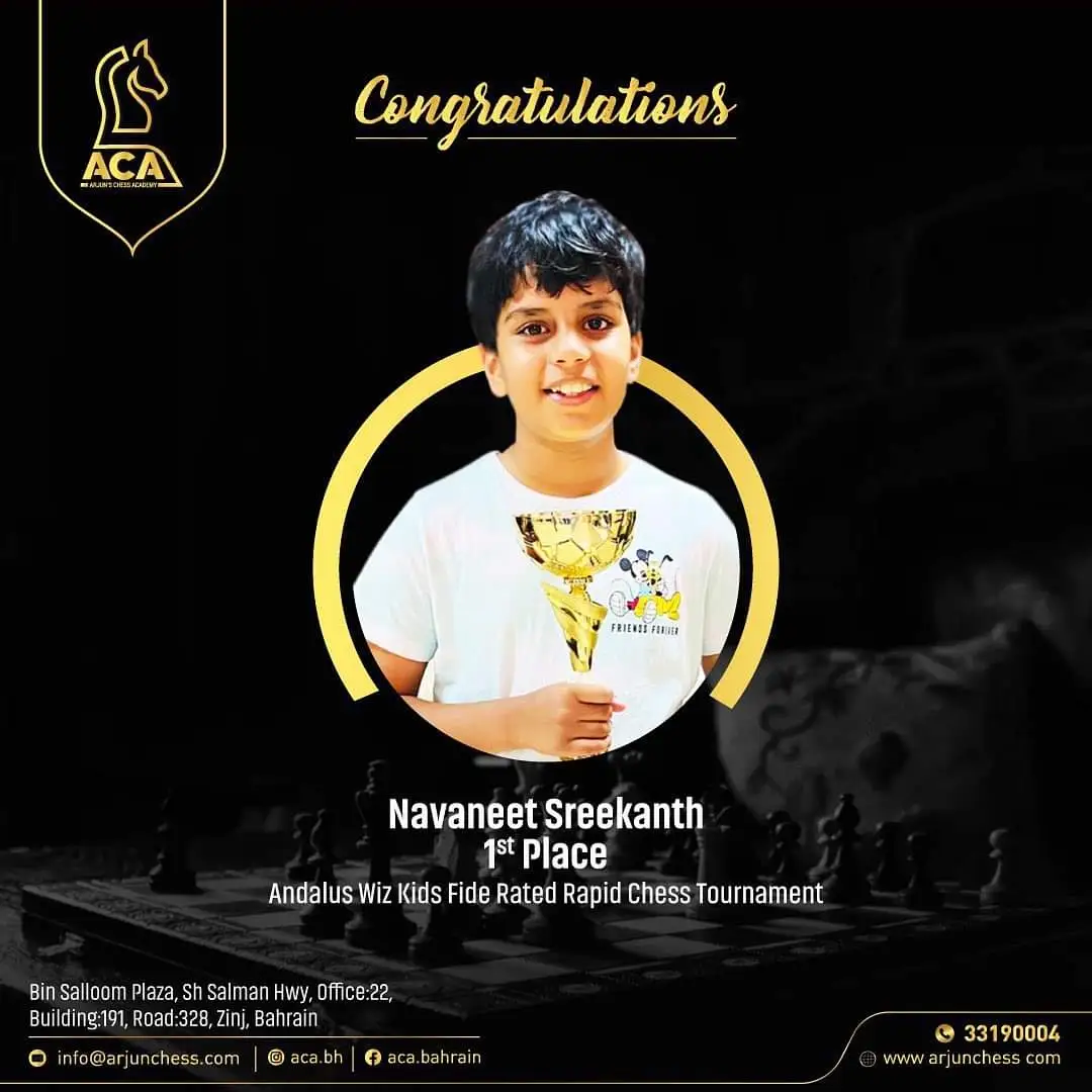 Students Achievements (Before May 2023) - Navaneet Sreekanth obtained1st position in Andalus Wiz Kids FIDE Rated Chess tournament (Under 11 Category)