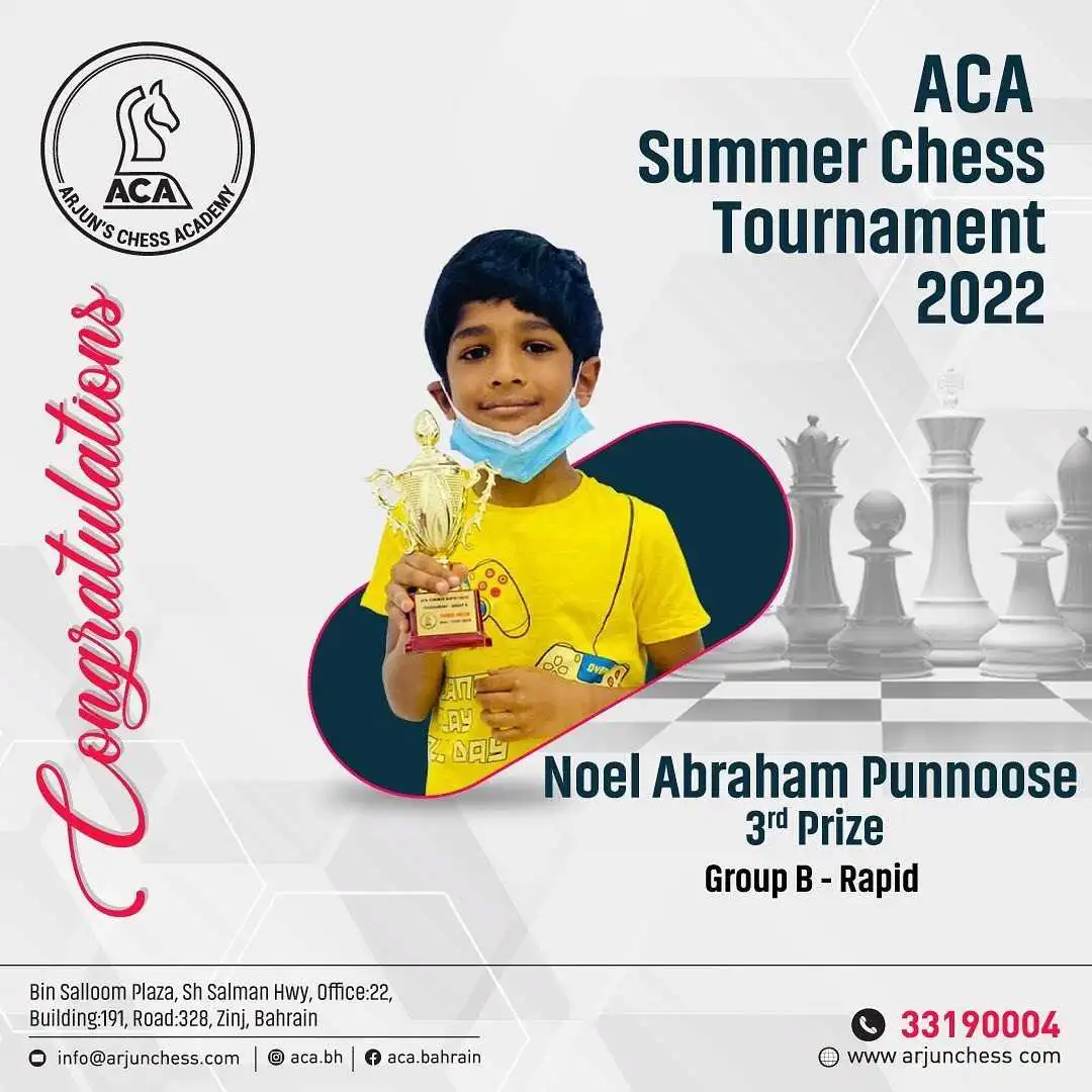 Students Achievements (Before May 2023) - Noel Abraham Punnoose 3rd Prize Group B - Rapid in ACA Summer Chess Tournament 2022