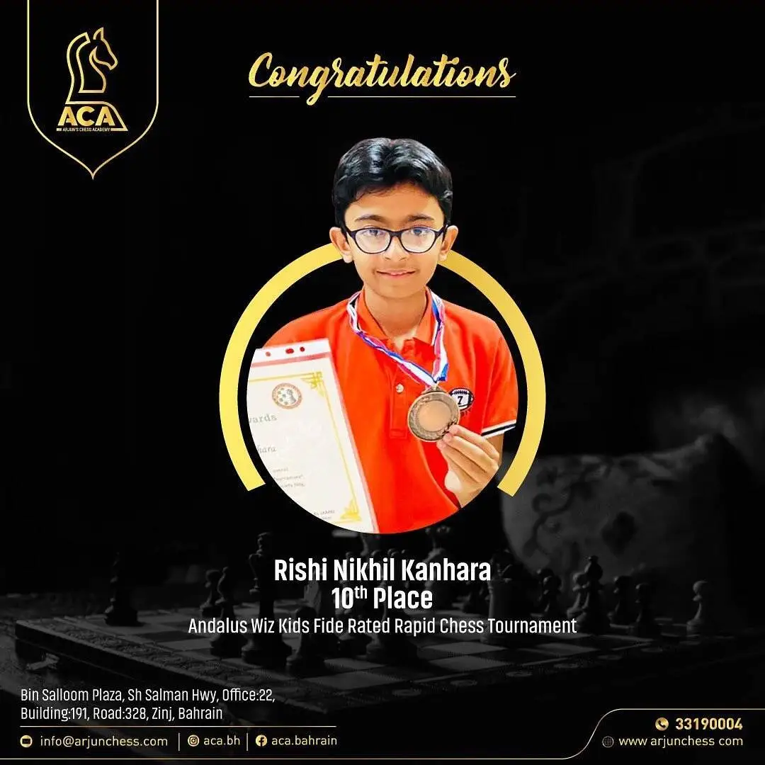 Students Achievements (Before May 2023) - Rishi Nikhil Kanhara who bagged 10th position in Andalus Wiz Kids FIDE Rated Chess tournament (Open Category)