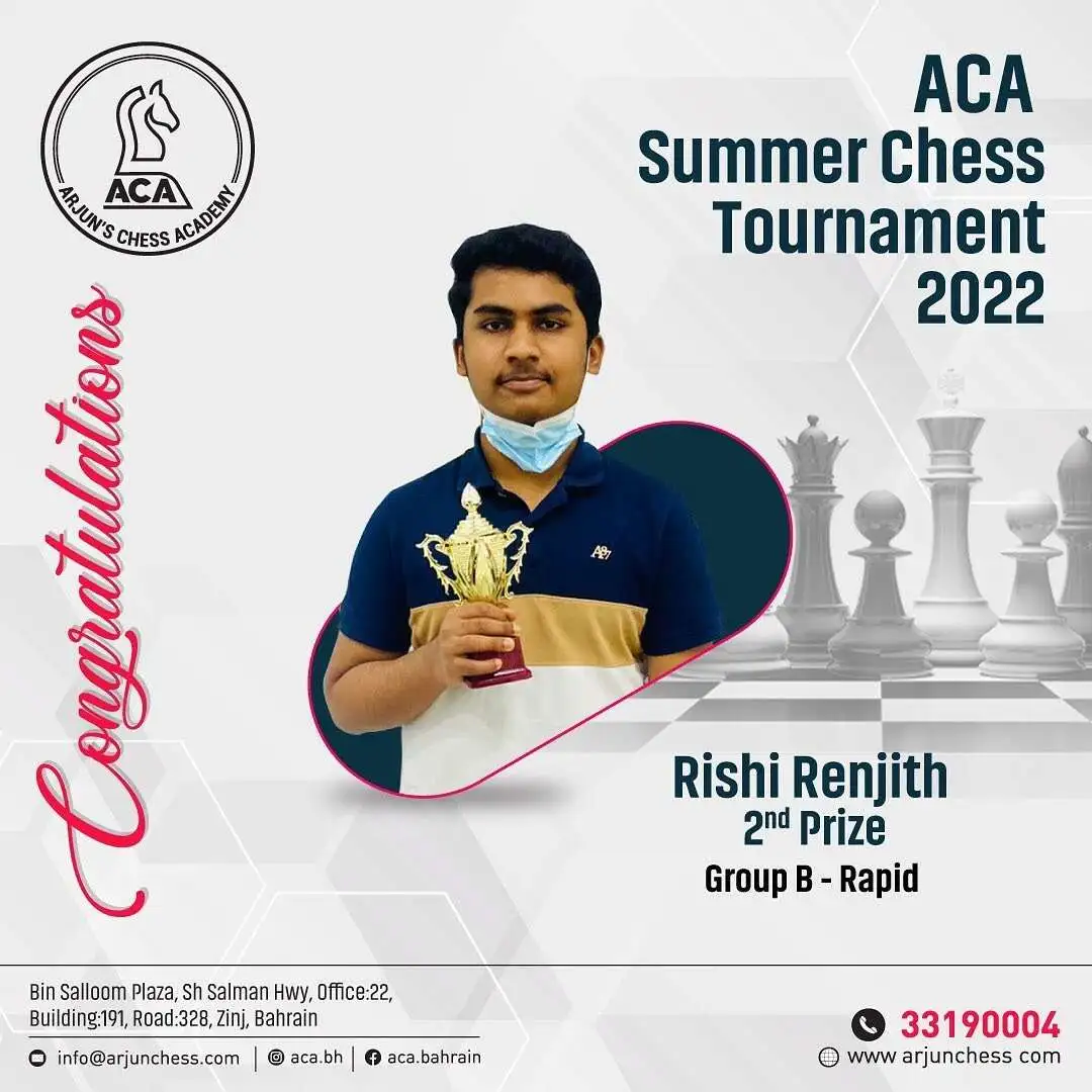 Students Achievements (Before May 2023) - Rishi Renjith 2nd Prize Group B - Rapid in ACA Summer Chess Tournament 2022