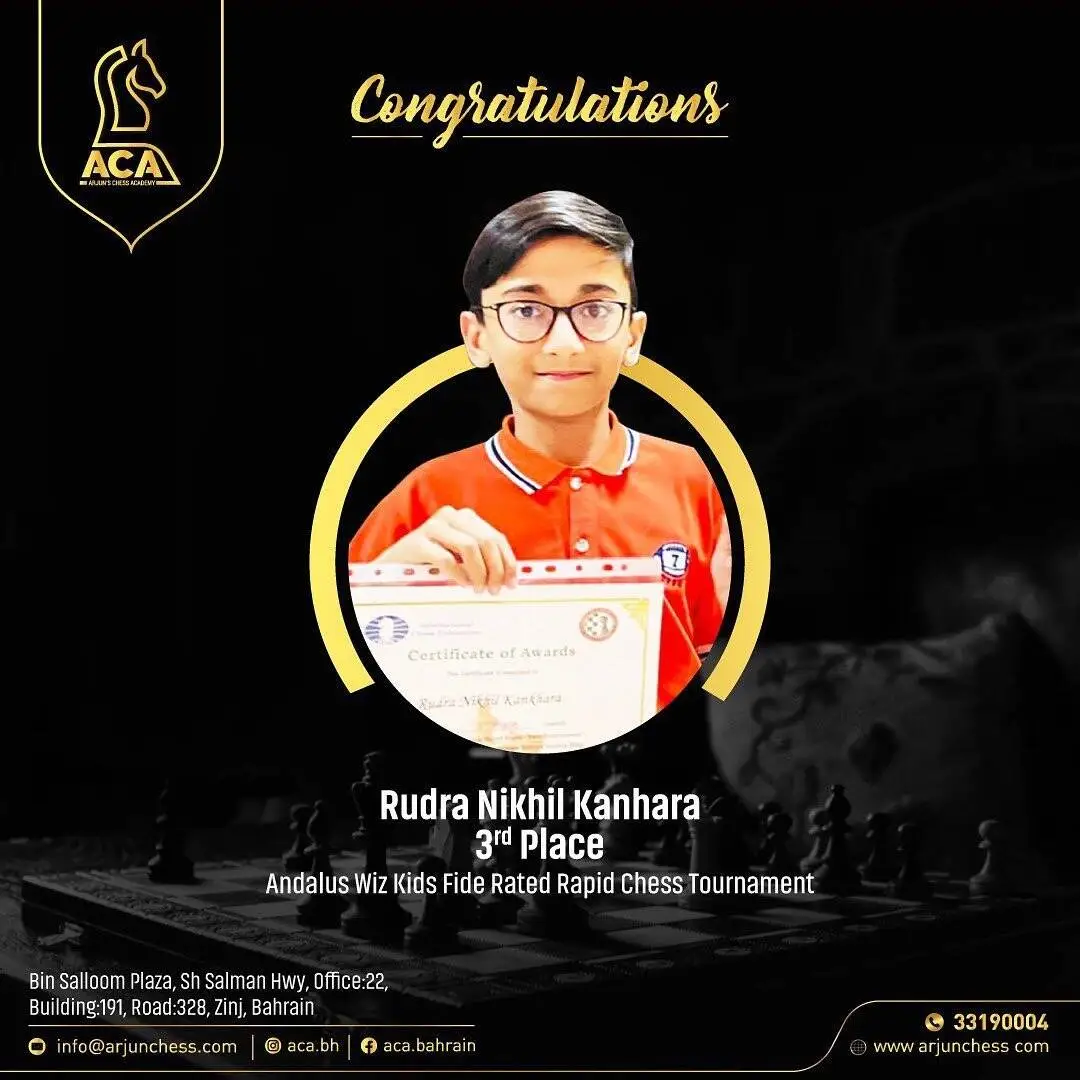 Students Achievements (Before May 2023) - Rudra Nikhil Kanhara who bagged 3rd Position in Andalus Wiz Kids FIDE Rated Chess tournament (Open Category )