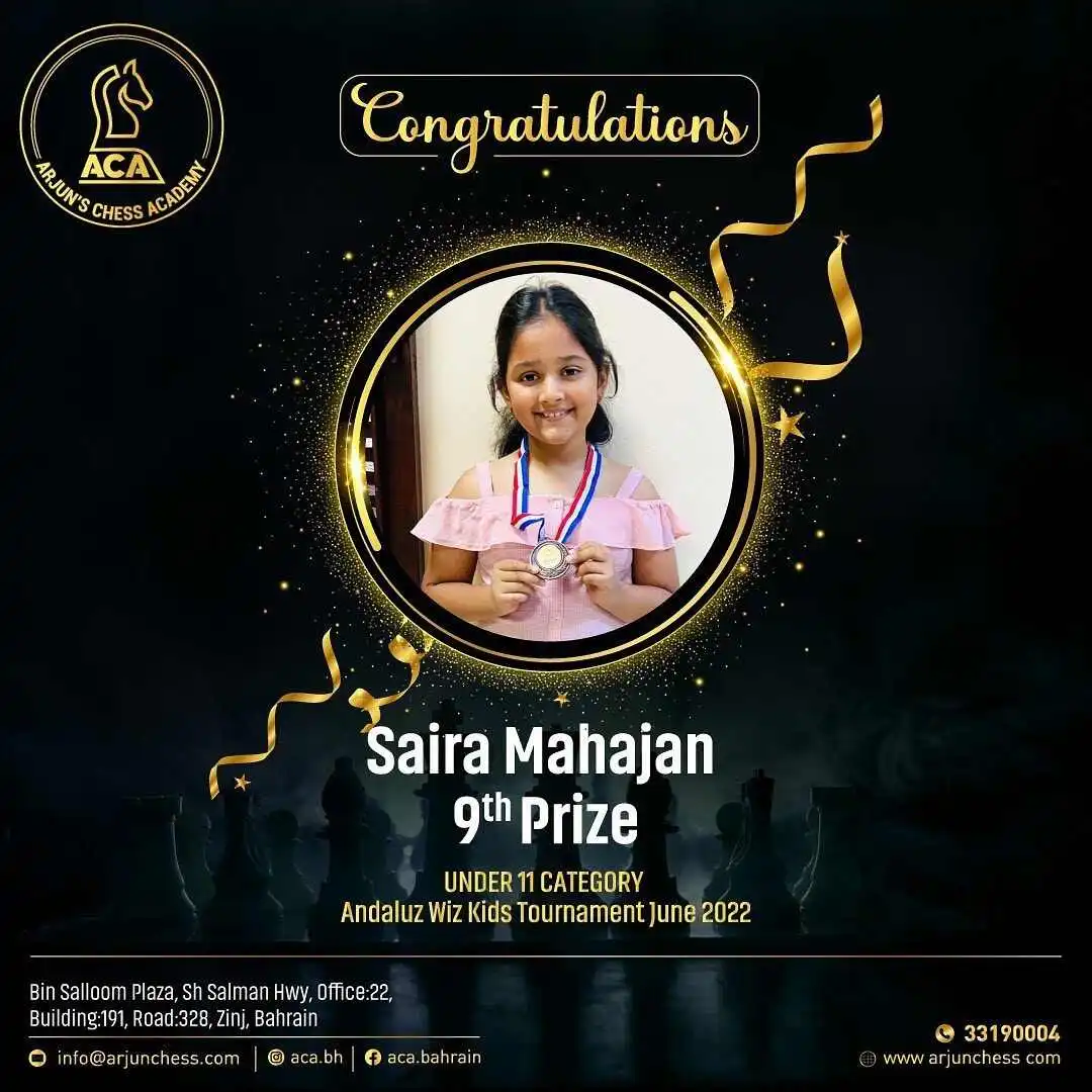 Students Achievements (Before May 2023) - Saira Mahajan received 9th prize in Andaluz wiz kids tournament June 2022