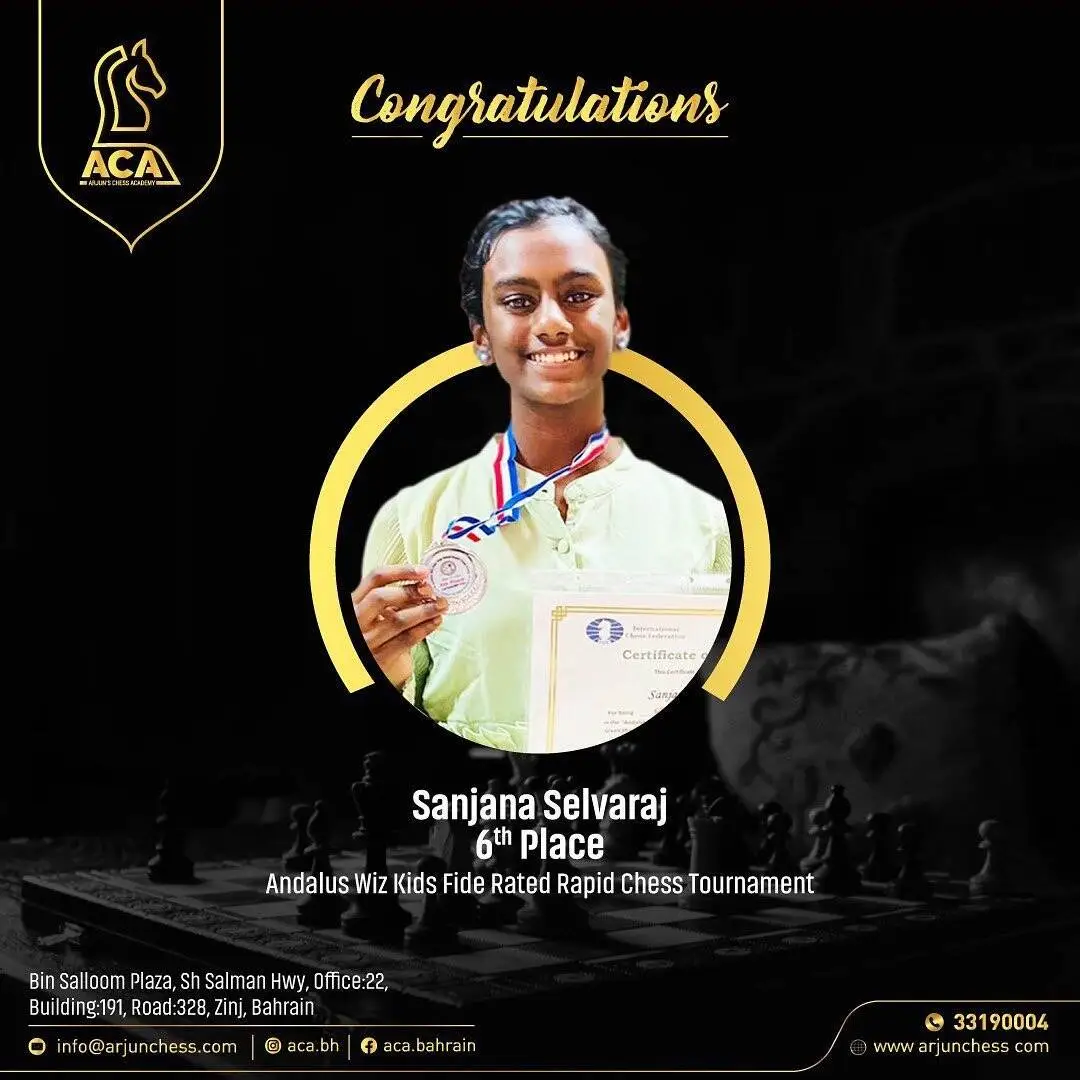 Students Achievements (Before May 2023) - Sanjana Selvaraj who bagged 6th position in Andalus Wiz Kids FIDE Rated Chess tournament (Under 11 Category)