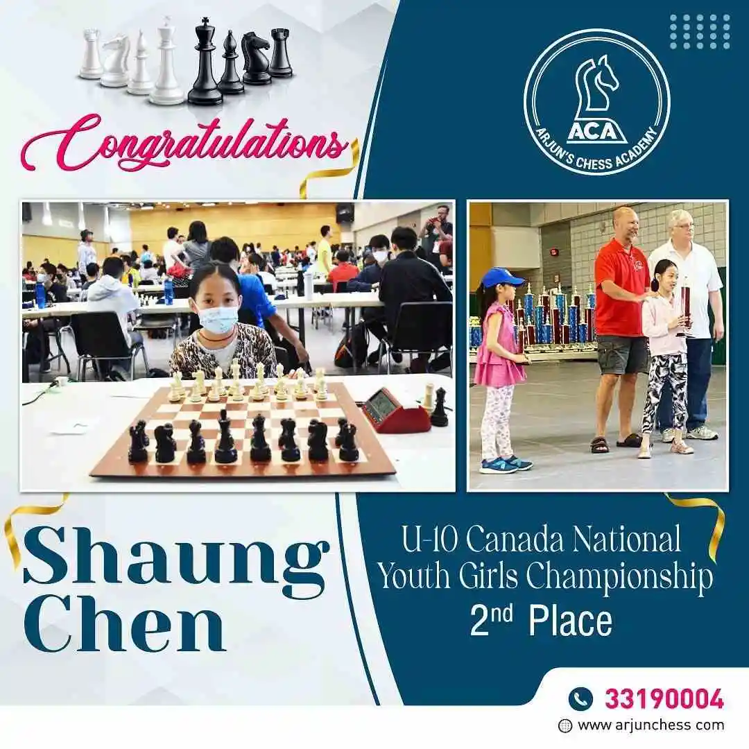 Students Achievements (Before May 2023) - Shuang Chen from Canada placed 2nd in U-10 Canada National Youth Girls Chess Championship
