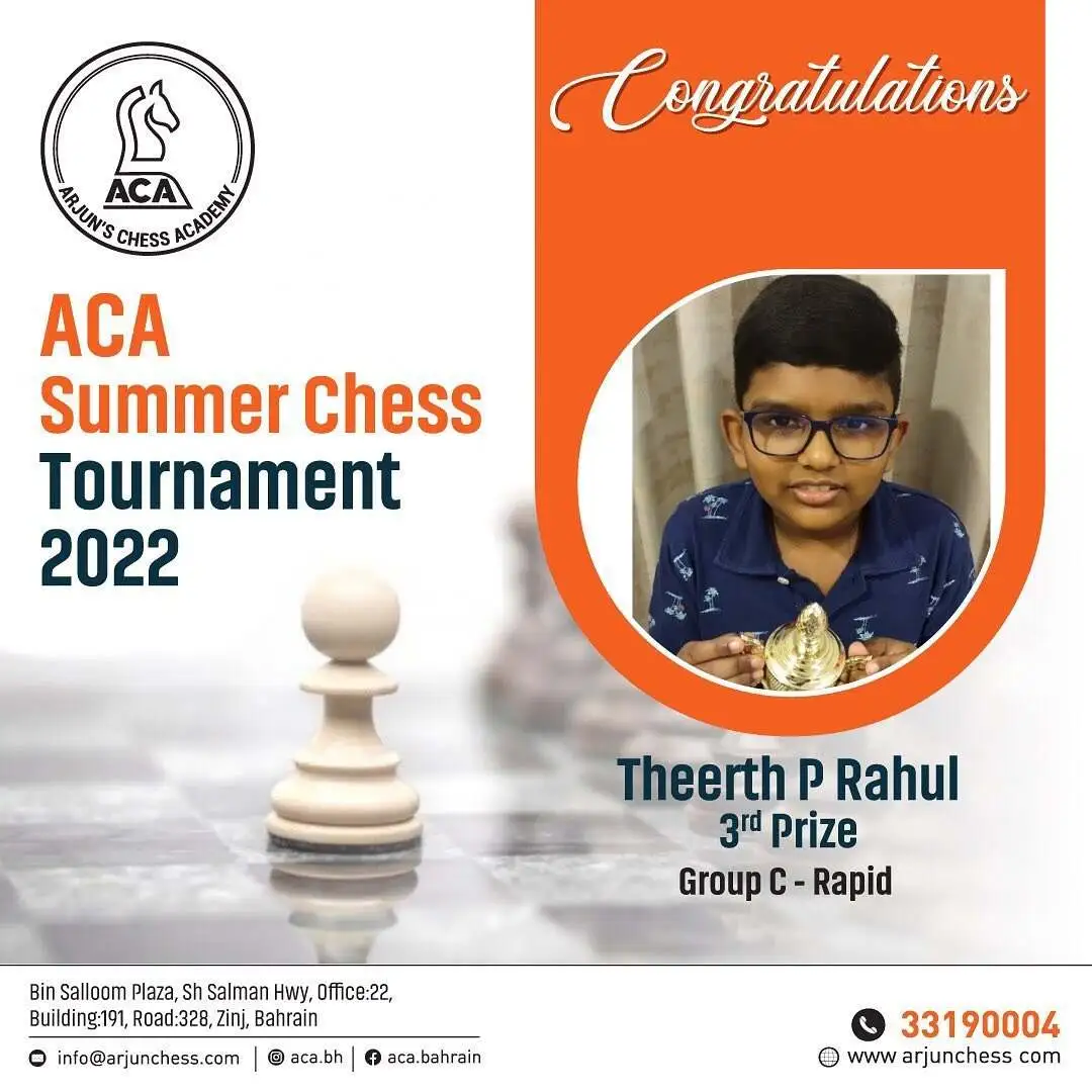Students Achievements (Before May 2023) - Theerth P Rahul 3rd Prize Group C - Rapid in ACA Summer Chess Tournament 2022