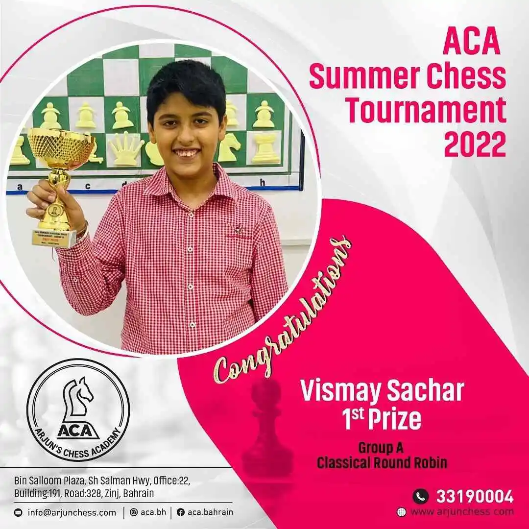 Students Achievements (Before May 2023) - Vismay Sachar win 1st Prize in ACA Summer Chess Tournament 2022