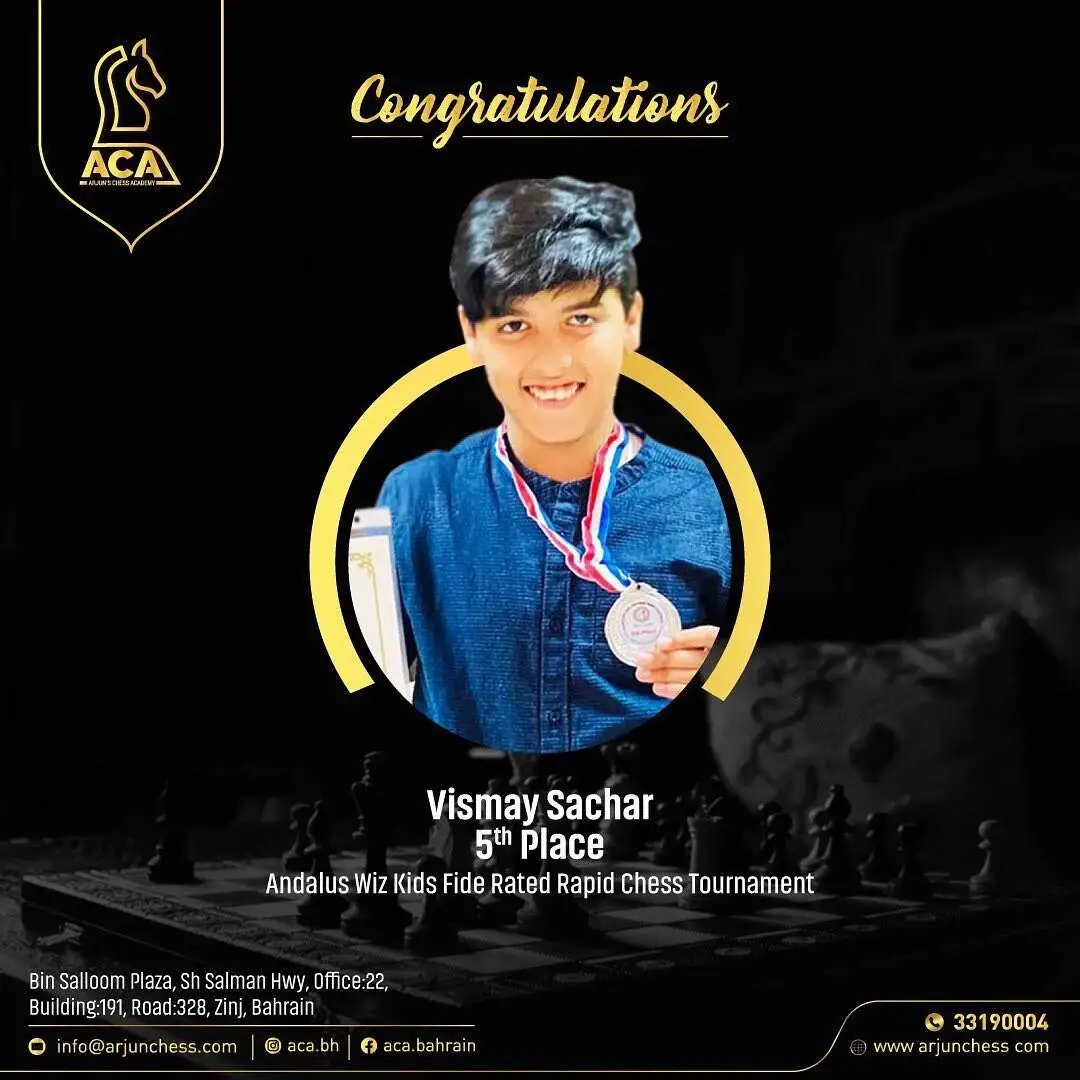 Students Achievements (Before May 2023) - vismay sachar who bagged 5th Position in Andalus Wiz Kids FIDE Rated Chess tournament (Open Category )